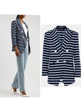 Veronica Beard Terry-Cloth Striped Navy & White Double-Breasted Blazer